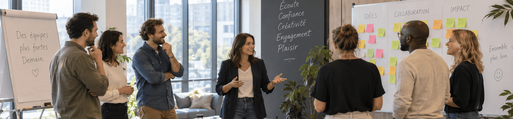 Animation d’un team building sur mesure en entreprise avec une facilitatrice et son équipe